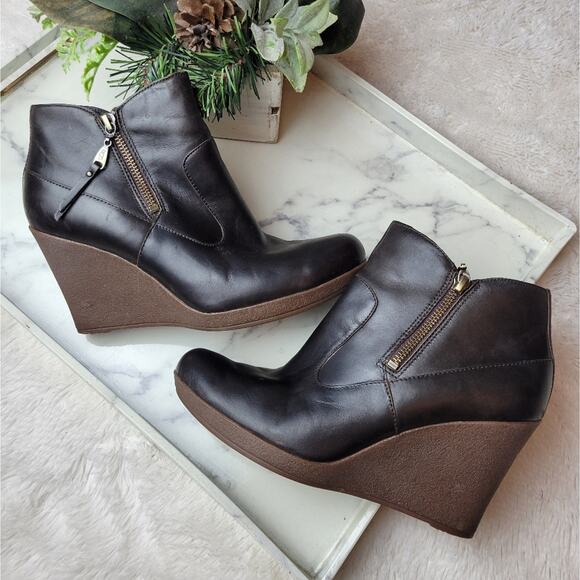 UGG Meredith Brown Leather Sherpa Lined Wedge Ankle Boot Size 9.5 - Picture 6 of 14